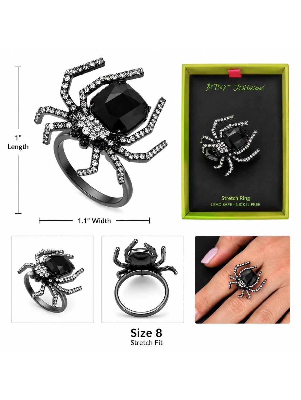 Betsey Johnson Black Crystal Spider Ring Size 8